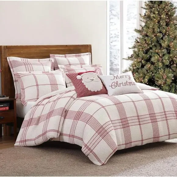Levtex Peppermint Plaid Duvet Set Full Queen Red White Cotton Holiday NEW - Picture 3 of 10